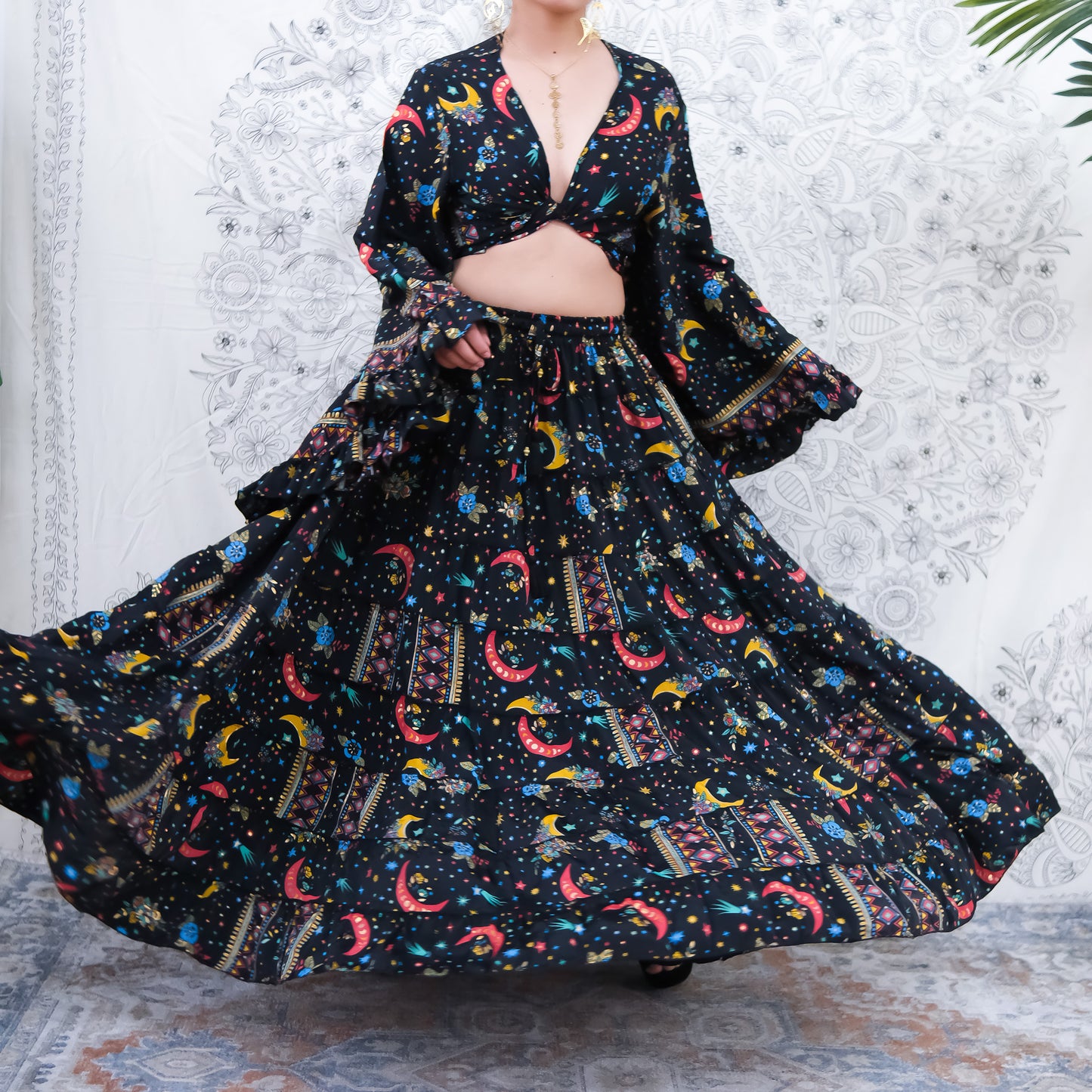 Flowy Silk Tiered Skirt Set with Flare Sleeve Top