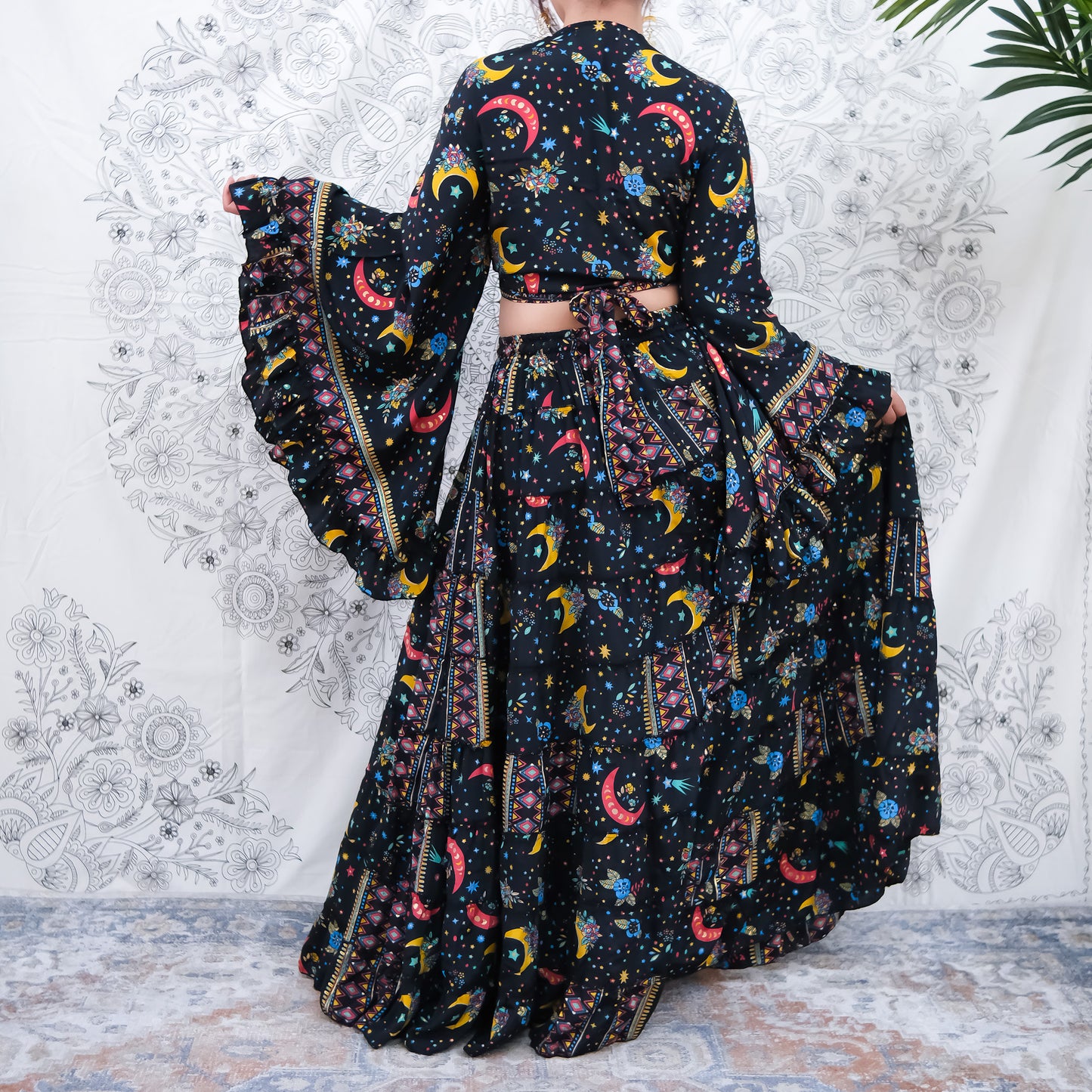 Flowy Silk Tiered Skirt Set with Flare Sleeve Top