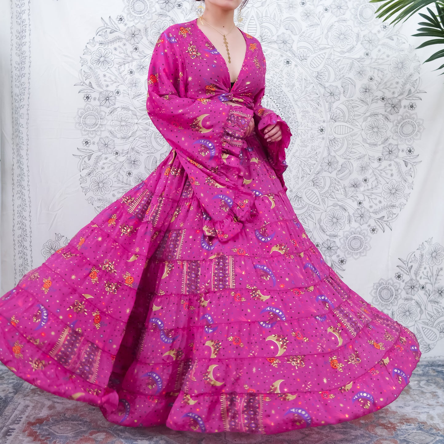 Flowy Silk Tiered Skirt Set with Flare Sleeve Top