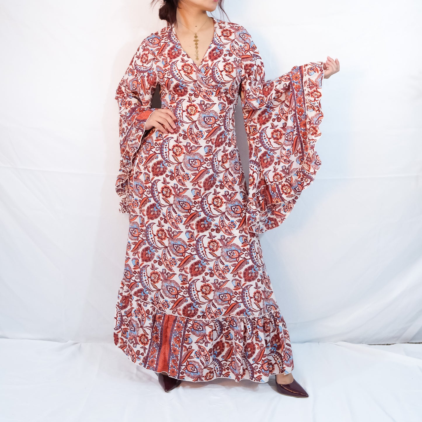 Long Maxi Wrap Dress with Ruffle Sleeve