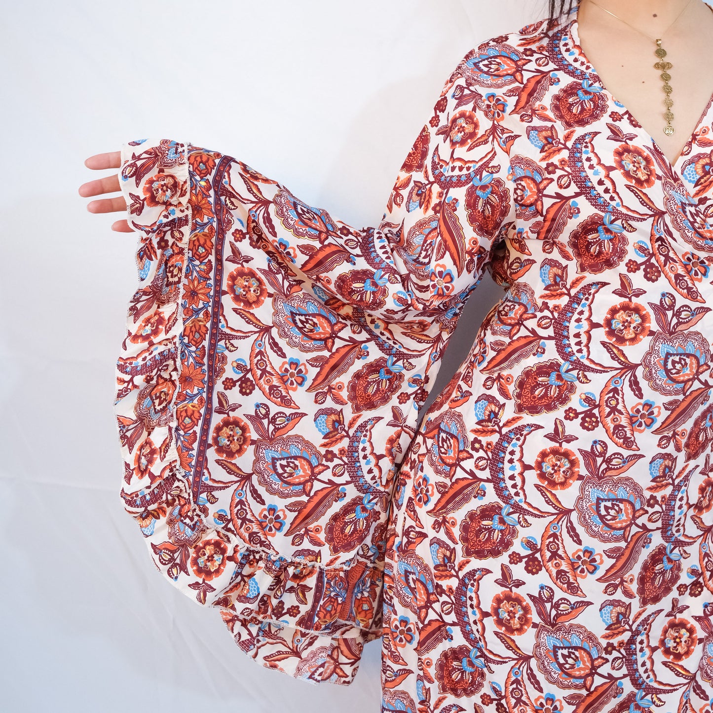 Long Maxi Wrap Dress with Ruffle Sleeve