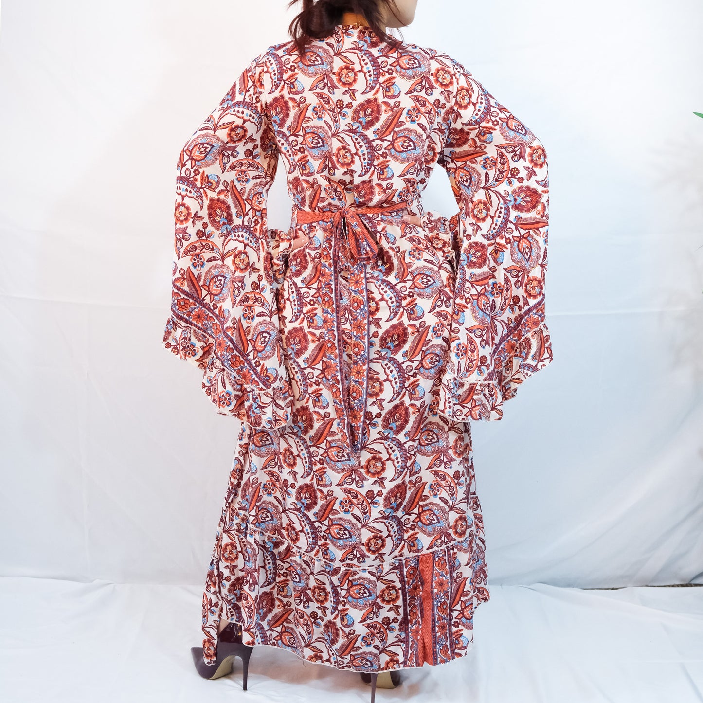 Long Maxi Wrap Dress with Ruffle Sleeve