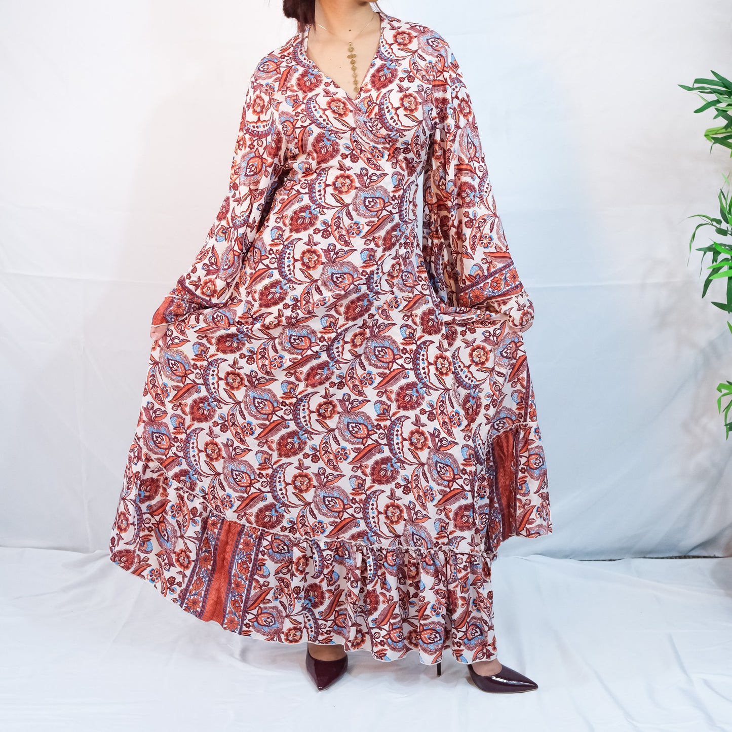 Long Maxi Wrap Dress with Ruffle Sleeve