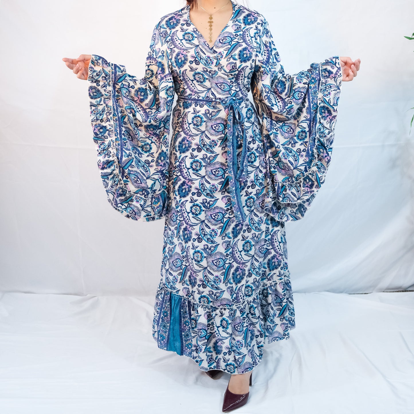 Long Maxi Wrap Dress with Ruffle Sleeve