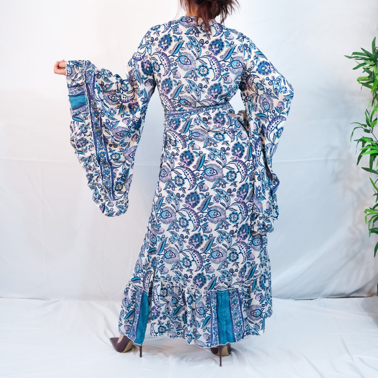 Long Maxi Wrap Dress with Ruffle Sleeve