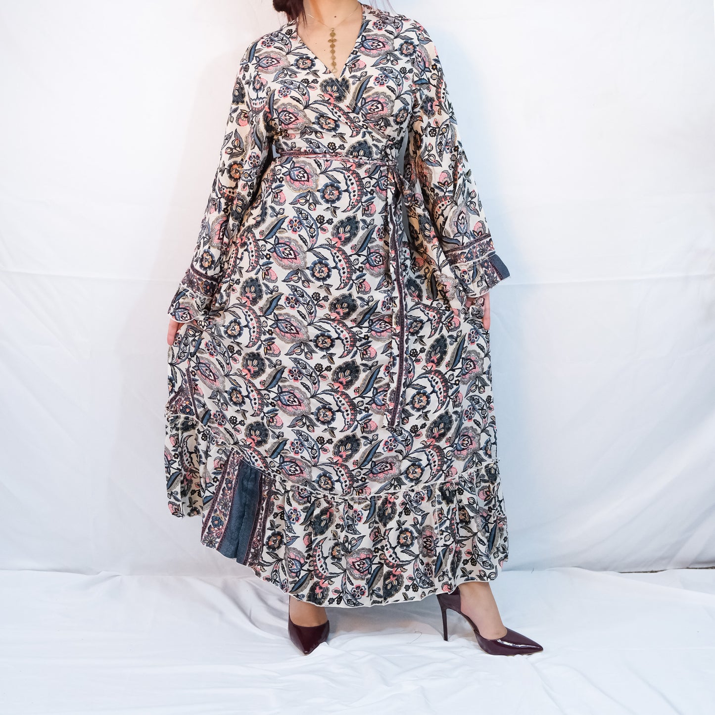 Long Maxi Wrap Dress with Ruffle Sleeve