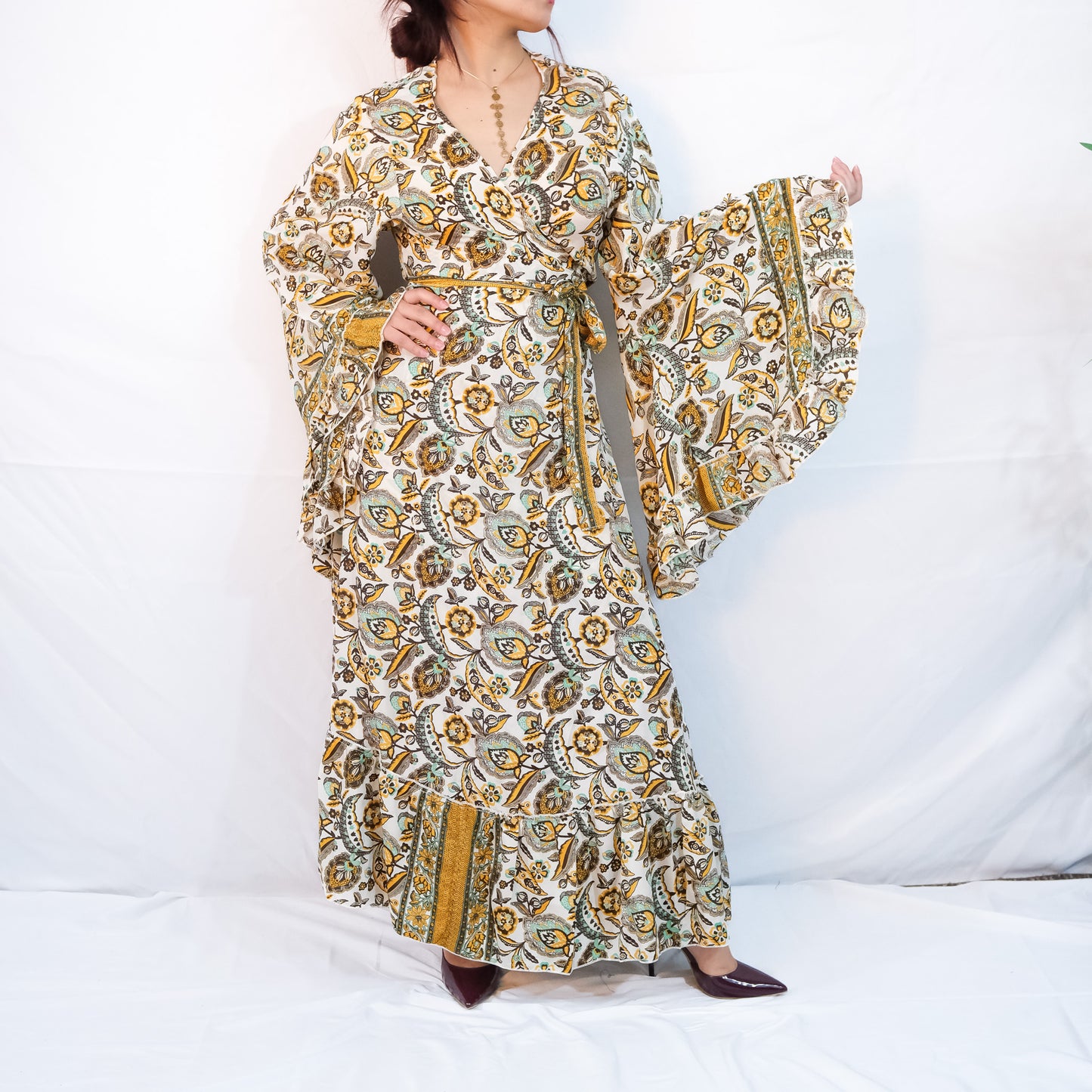 Long Maxi Wrap Dress with Ruffle Sleeve