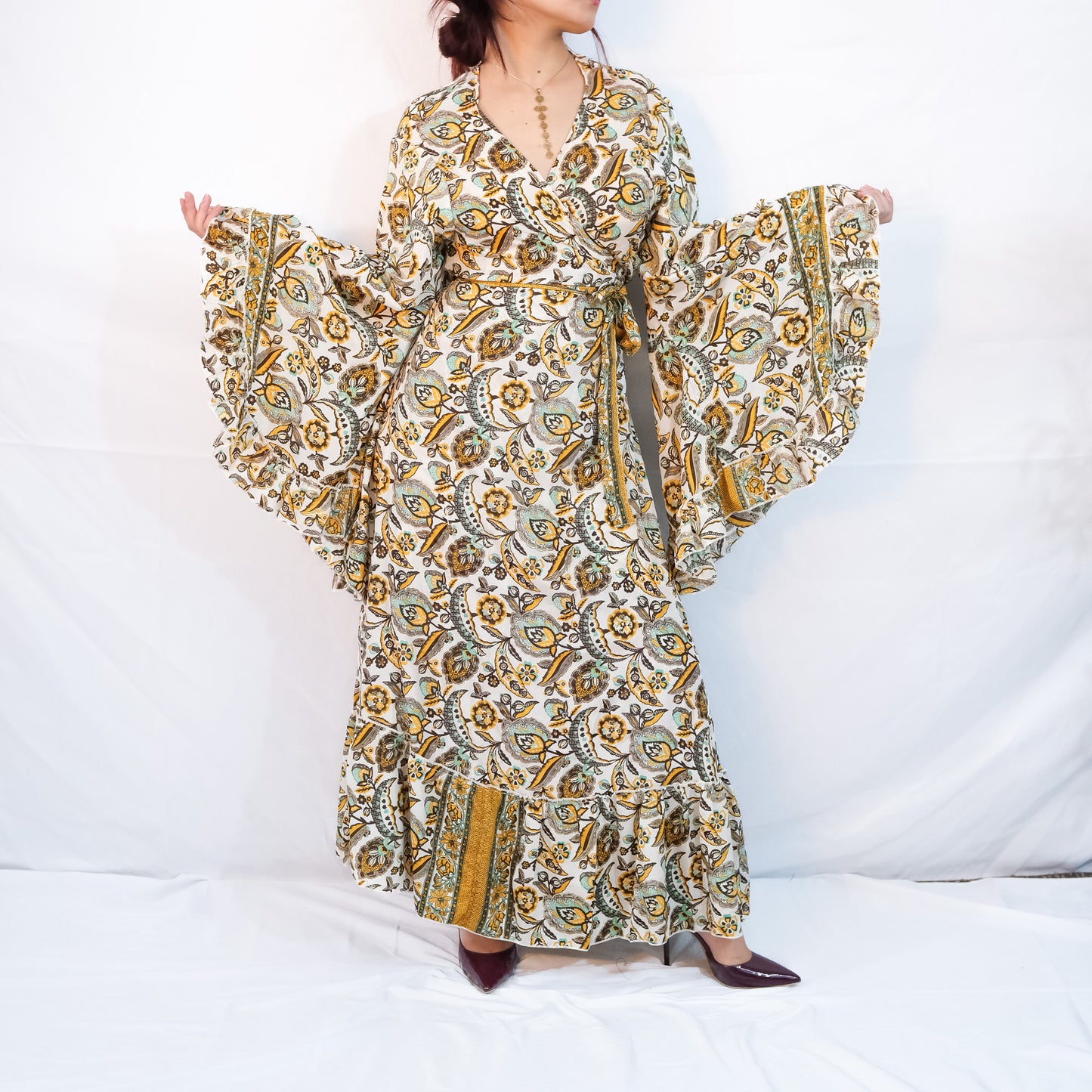 Long Maxi Wrap Dress with Ruffle Sleeve