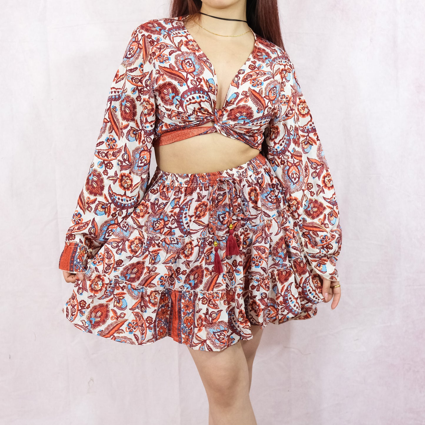 Flowy Boho Mini Skort + Top with Ruffle Sleeve Set