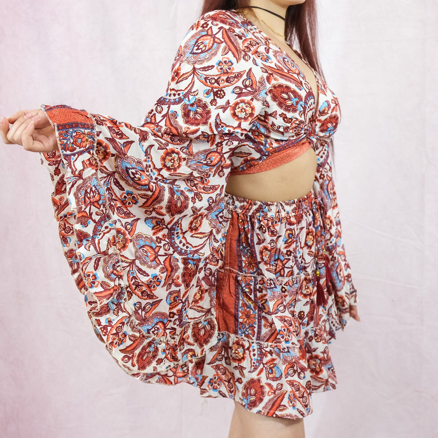 Flowy Boho Mini Skort + Top with Ruffle Sleeve Set