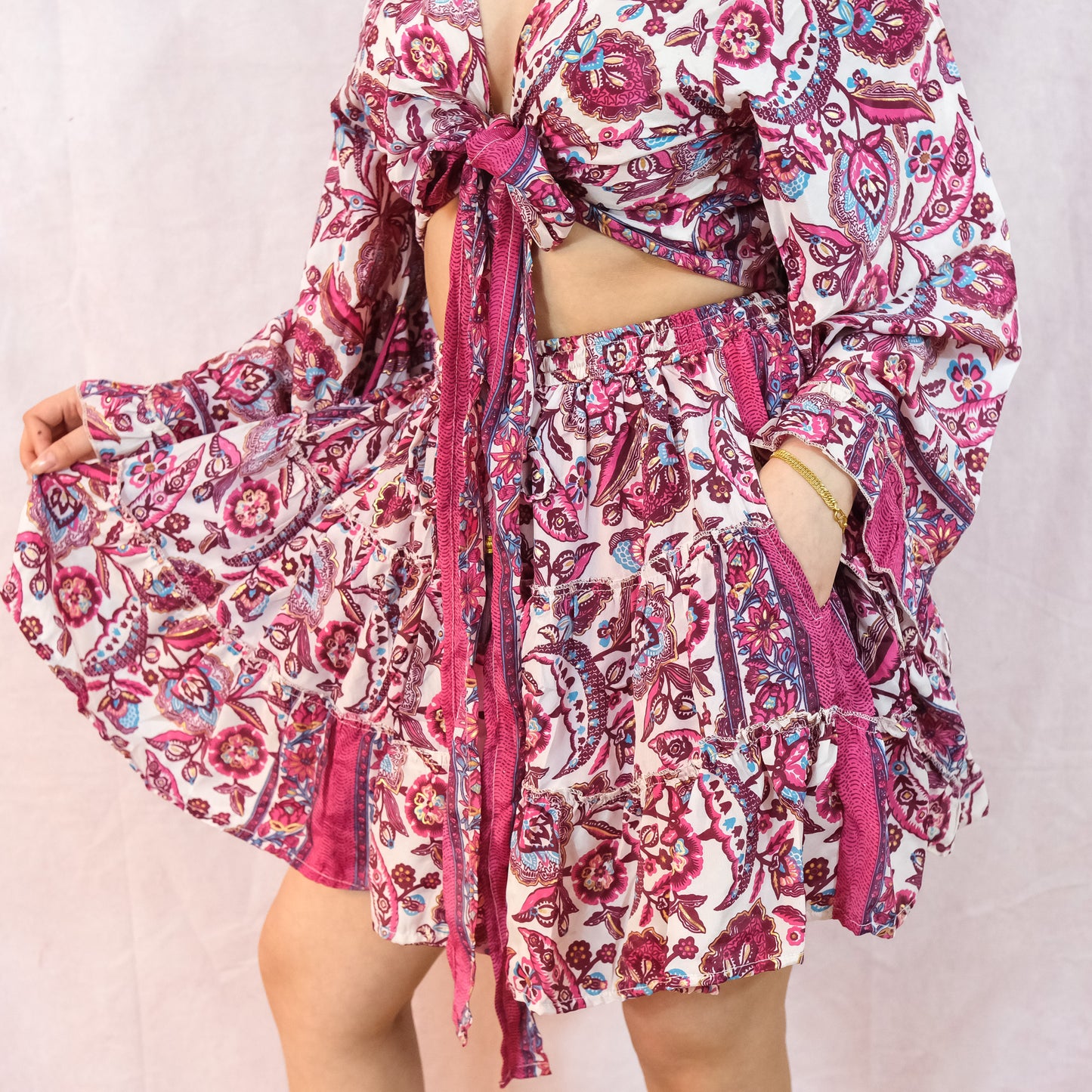 Flowy Boho Mini Skort + Top with Ruffle Sleeve Set