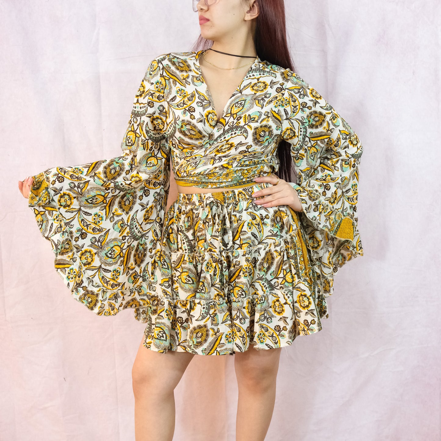 Flowy Boho Mini Skort + Top with Ruffle Sleeve Set
