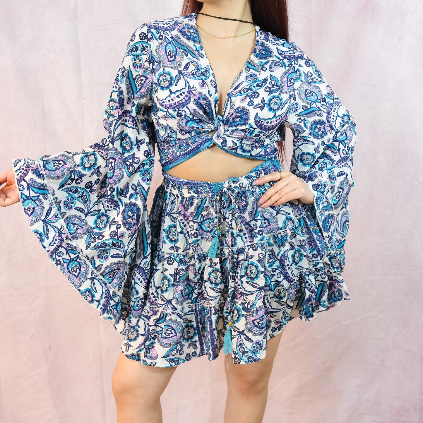 Flowy Boho Mini Skort + Top with Ruffle Sleeve Set