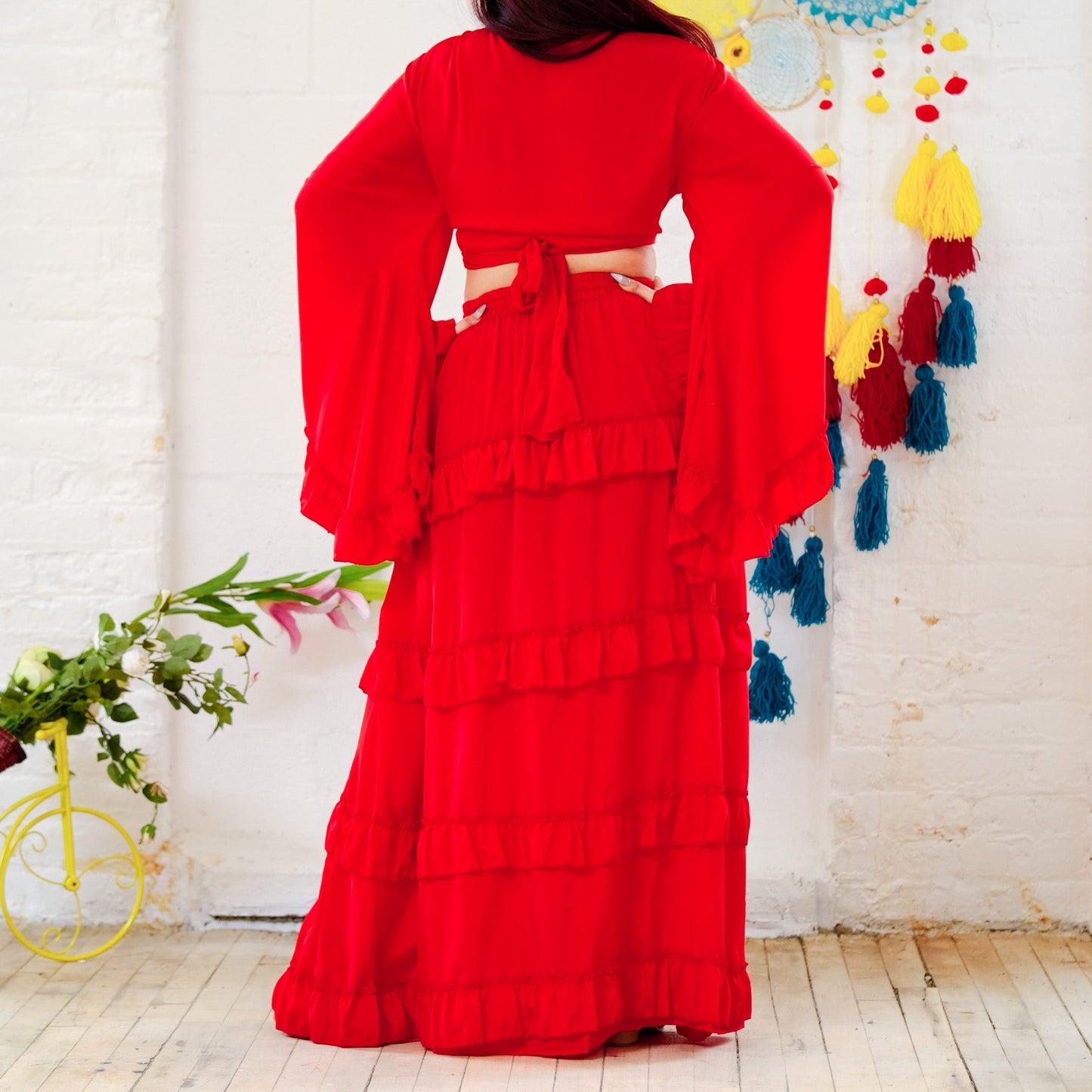 Flowy Tiered Skirt Set with Ruffle Sleeve Wrap Top