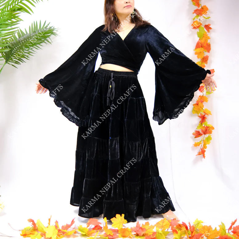 Long Flowy  Bohemian Style Velvet Skirt Set