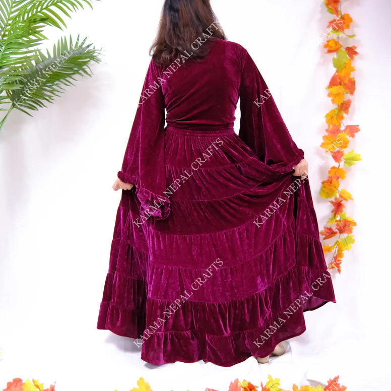 Long Flowy  Bohemian Style Velvet Skirt Set