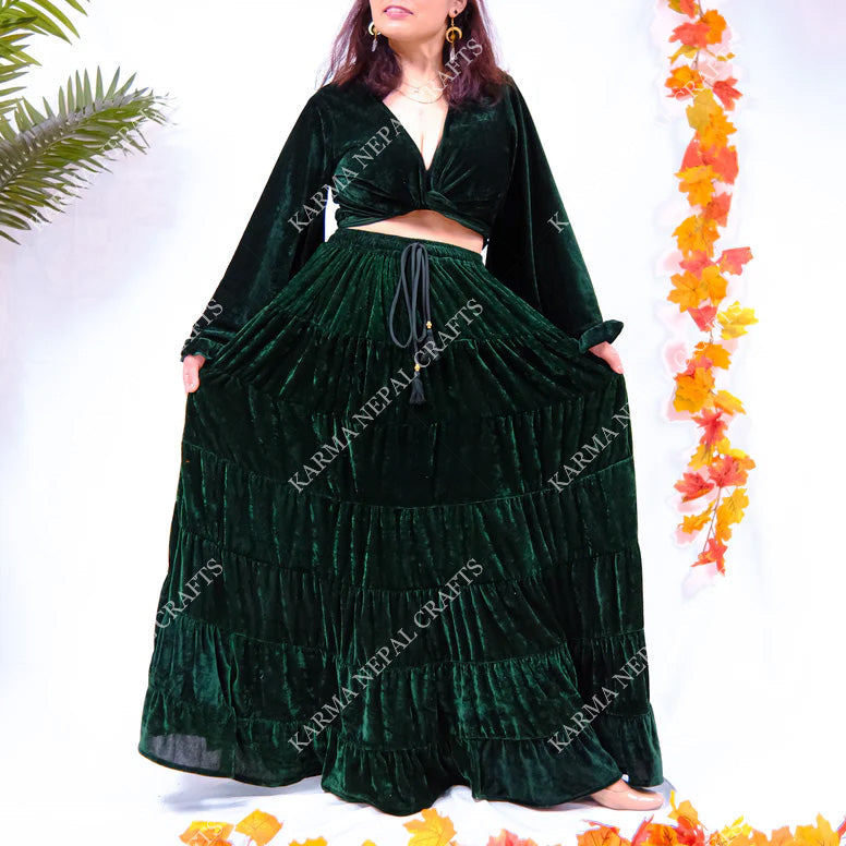 Long Flowy  Bohemian Style Velvet Skirt Set