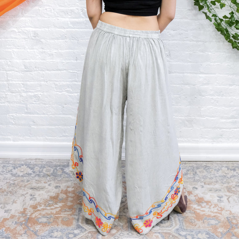 Flowy Wide Leg Embroidery Slit Pant