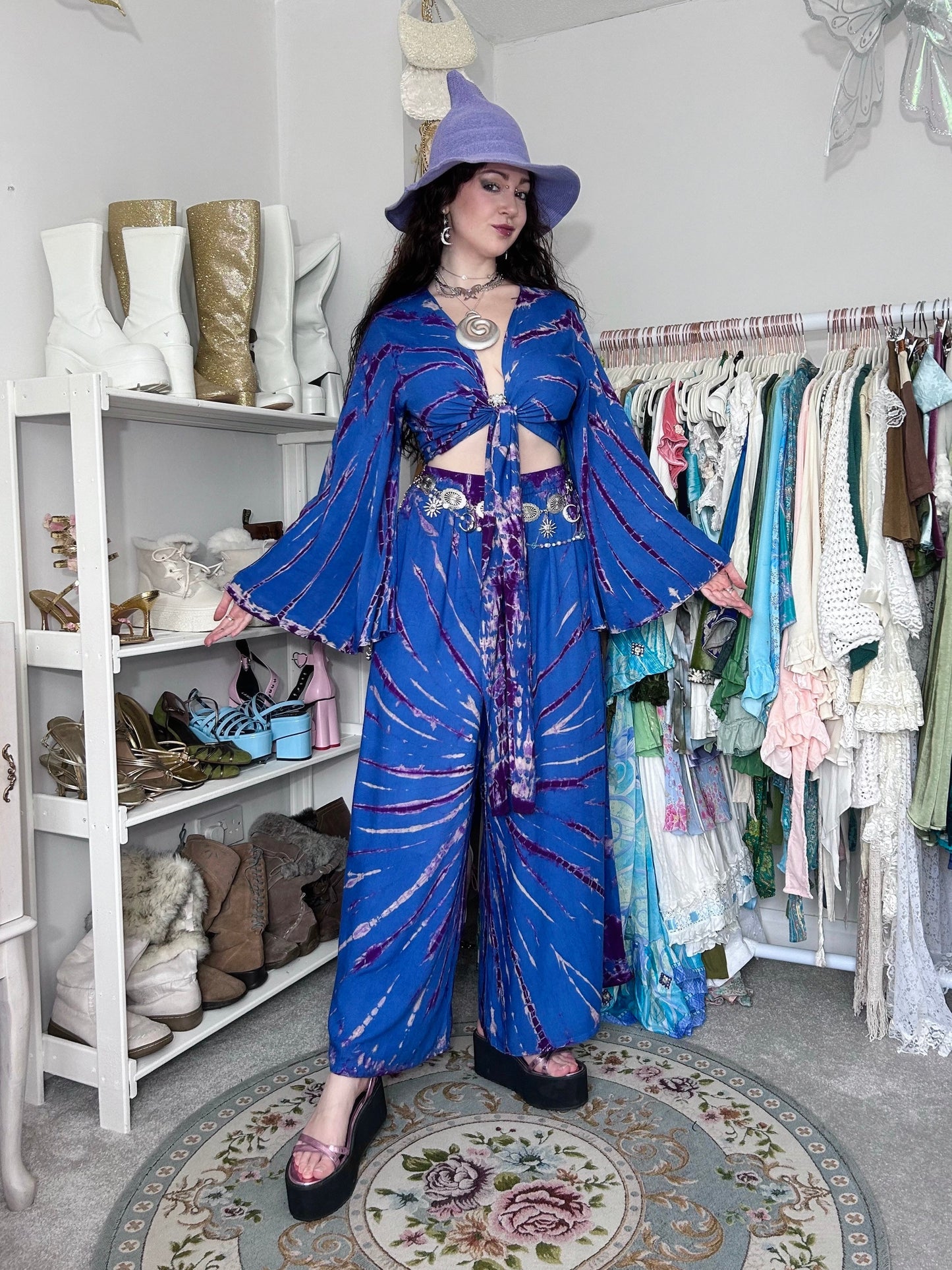 Tie Dye Palazzo Pant Set with Bell Sleeve Wrap Top