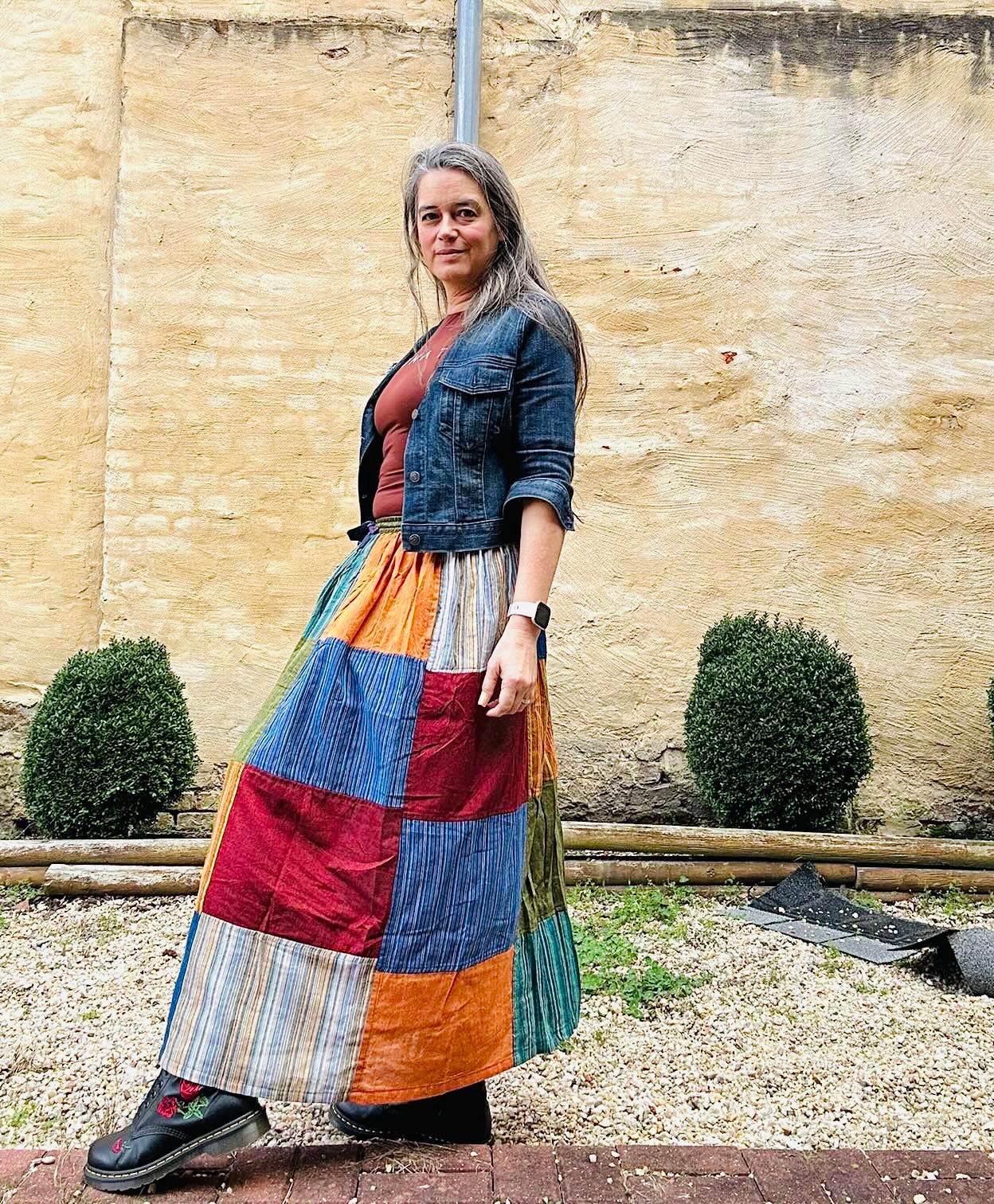 Bohemian Patchwork Cotton Skirt with Pockets