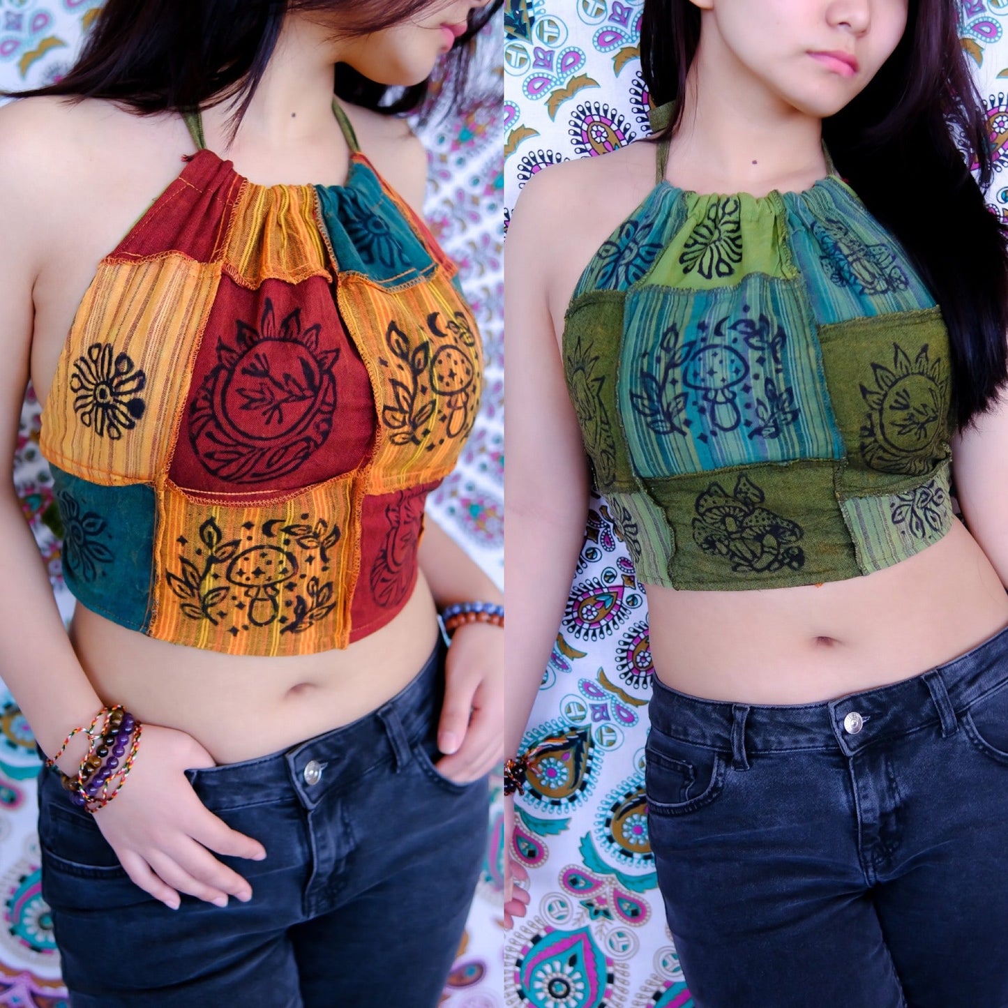 Patchwork Reversible Halter Backless Top