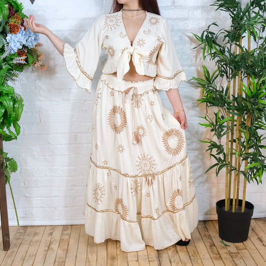 Flowy Tiered Hand Embroidery Skirt with Ruffle Sleeve Top