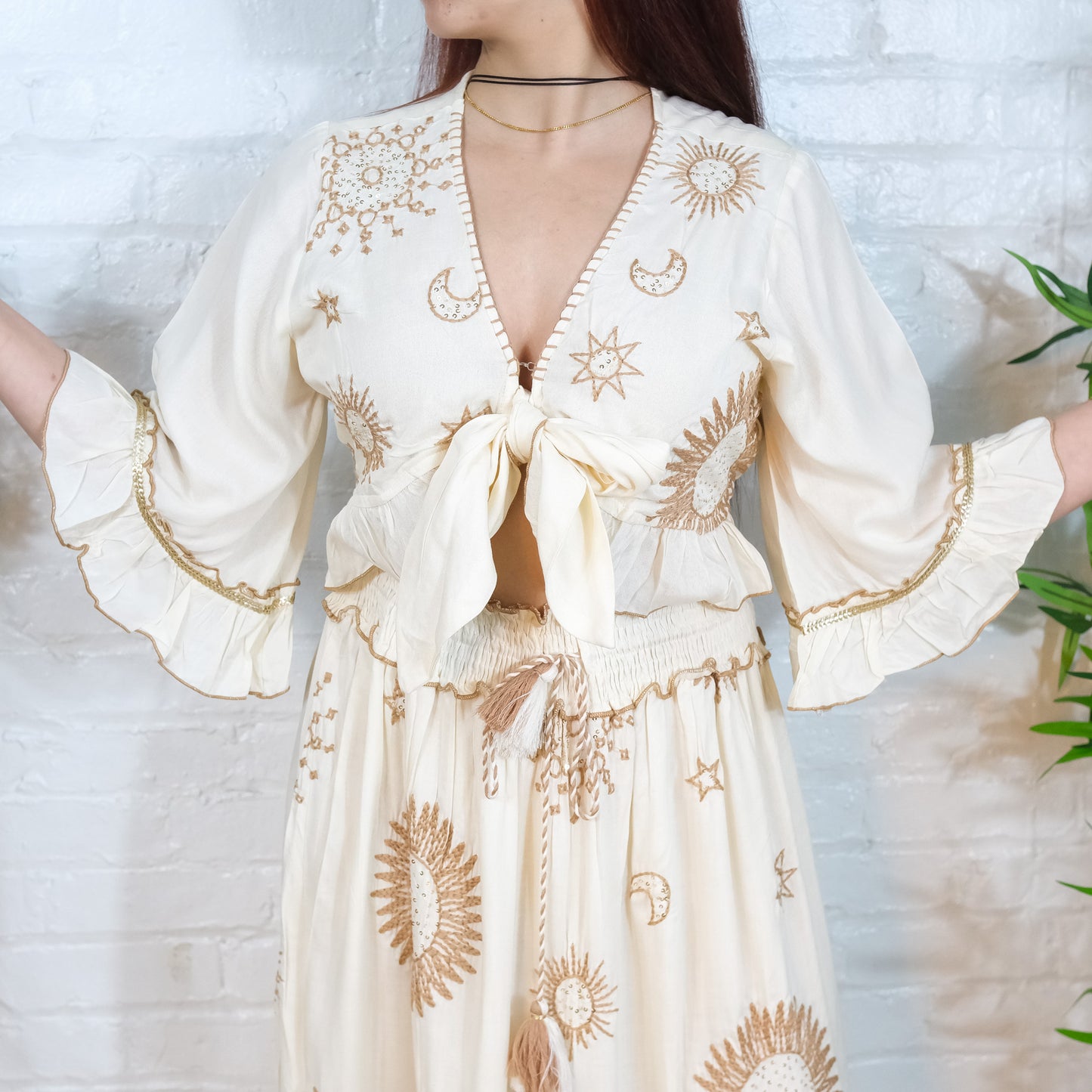 Flowy Tiered Hand Embroidery Skirt with Ruffle Sleeve Top