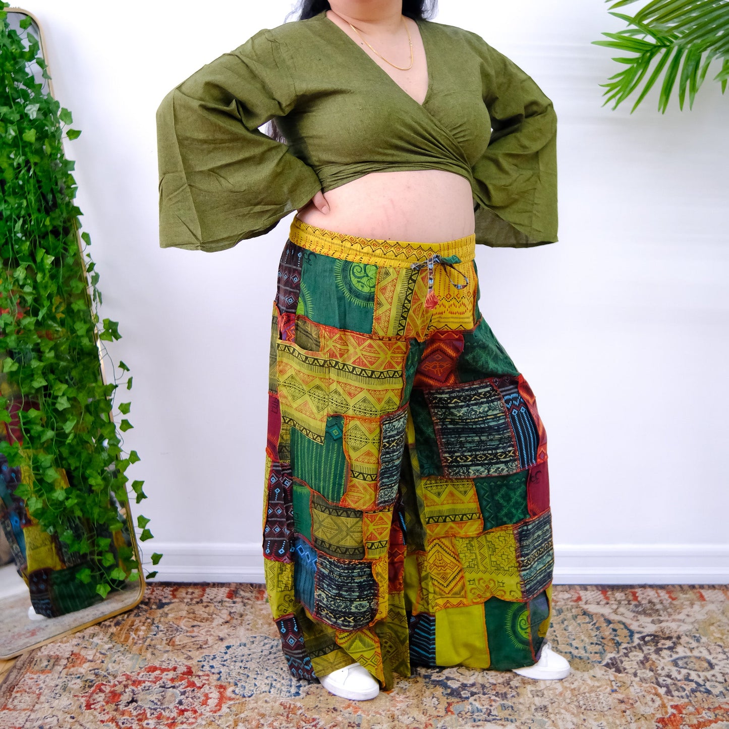 Patchwork Earth Tone Wide Leg Pants