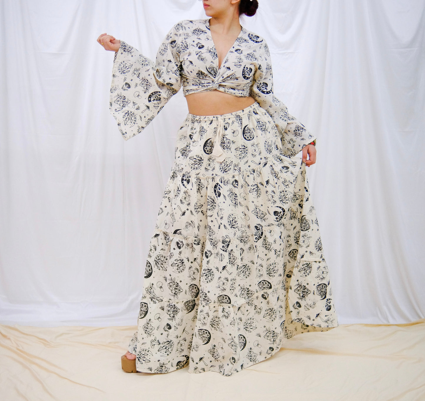 Flowy Tiered Mushroom Celestial Skirt with Bell Sleeve Wrap Top