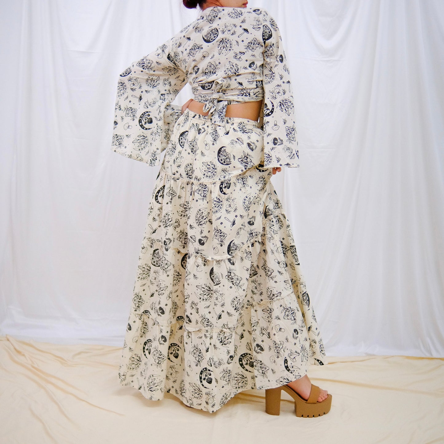 Flowy Tiered Mushroom Celestial Skirt with Bell Sleeve Wrap Top