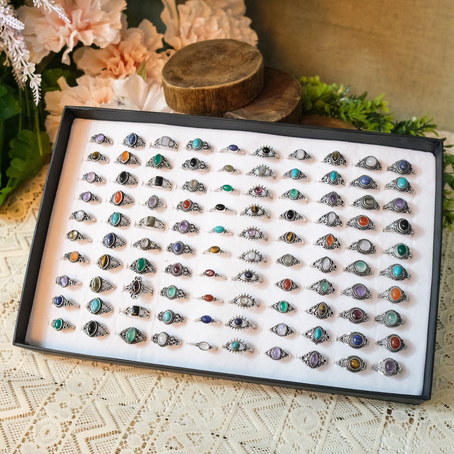 100 Piece Silver Crystal Boho Assorted Ring