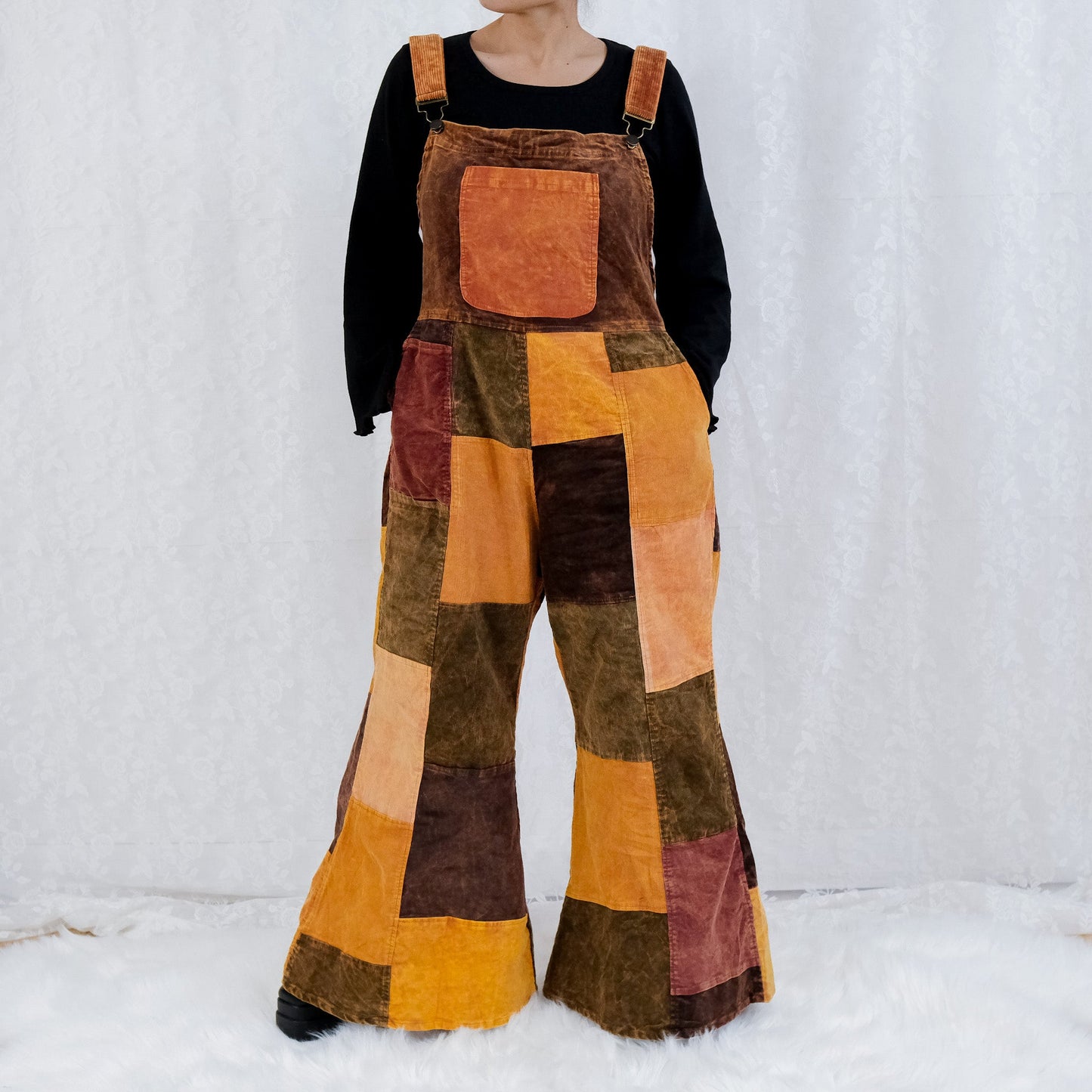 Patchwork Corduroy Jumpsuit with Bell Bottom