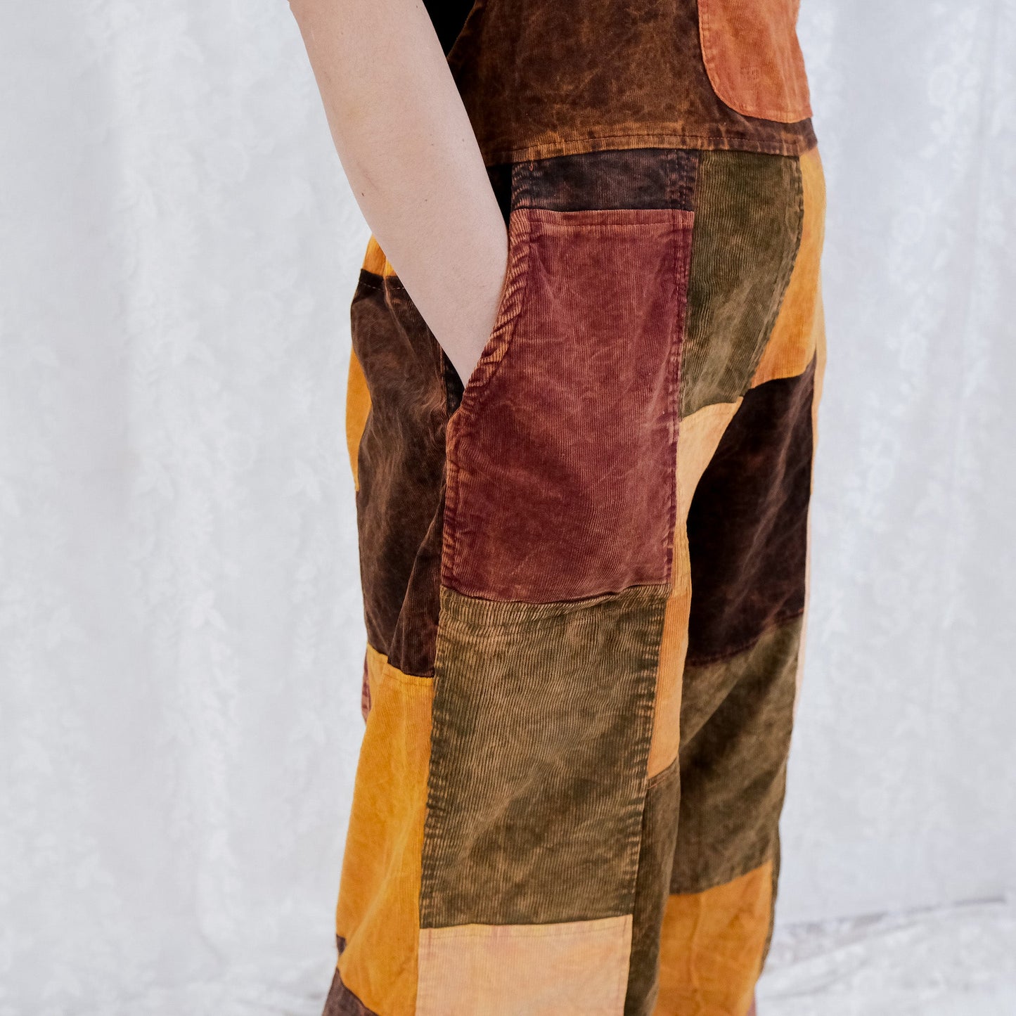 Patchwork Corduroy Jumpsuit with Bell Bottom