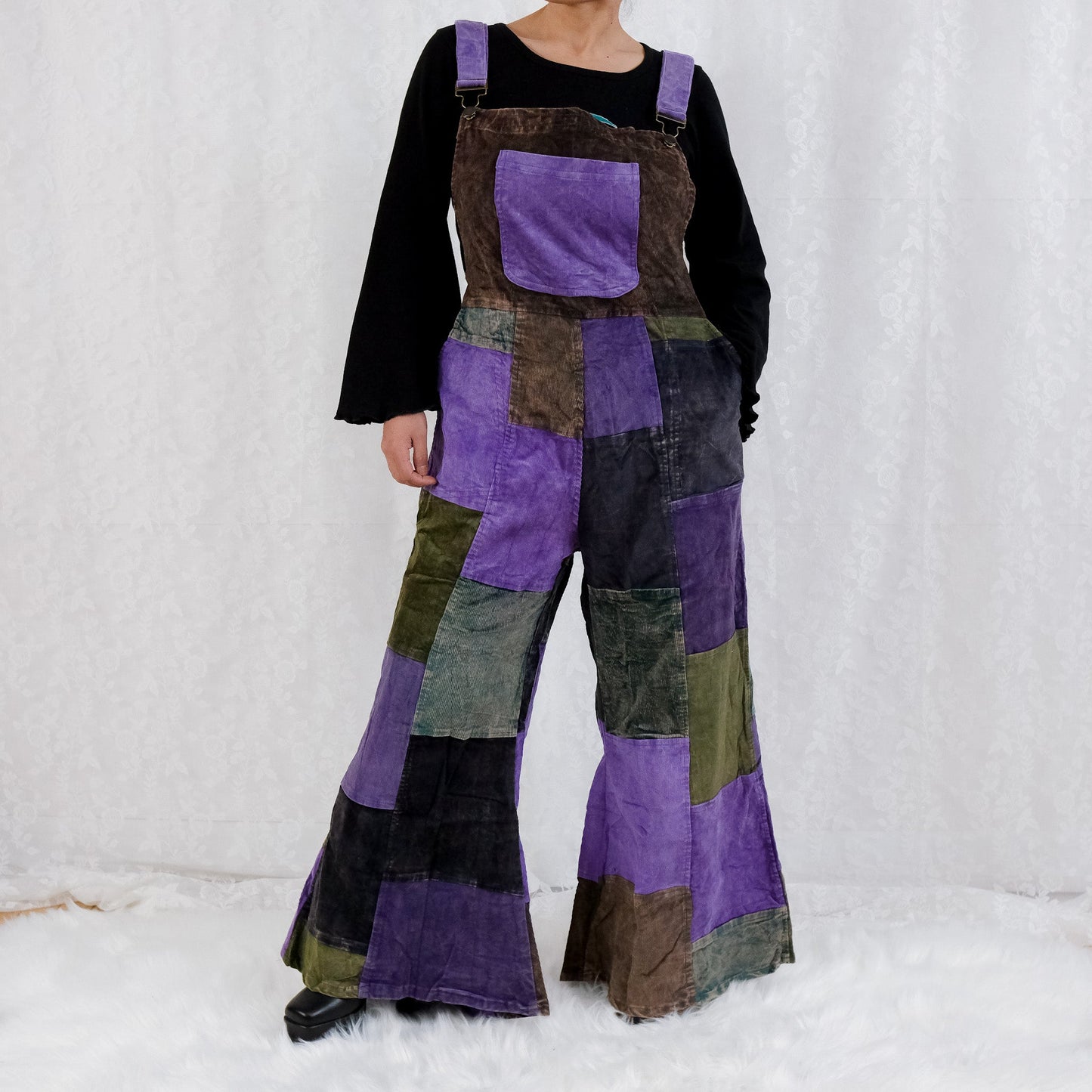 Patchwork Corduroy Jumpsuit with Bell Bottom