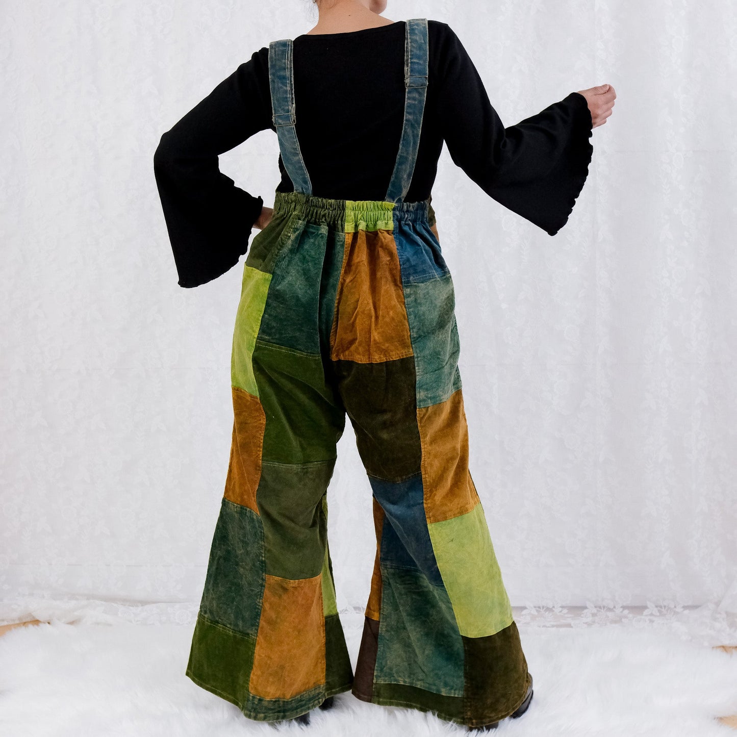 Patchwork Corduroy Jumpsuit with Bell Bottom