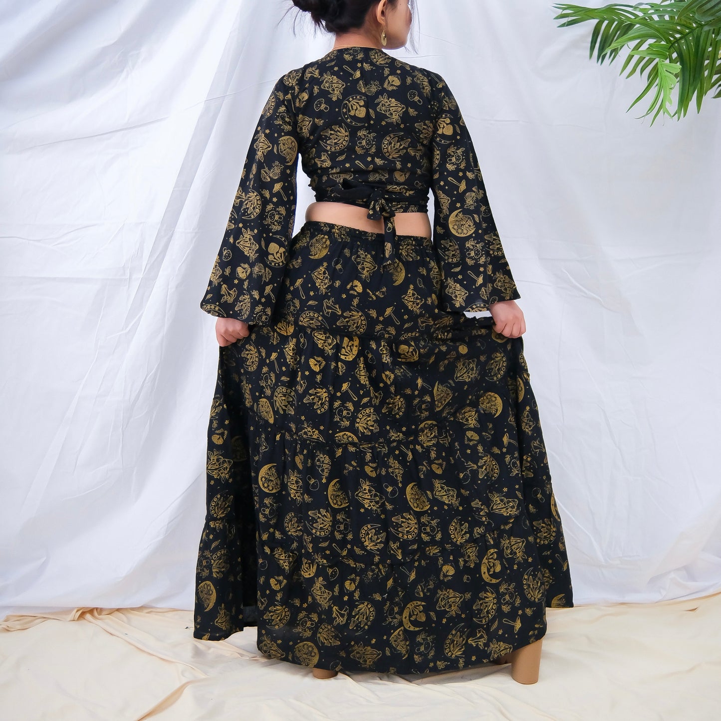 Flowy Tiered Mushroom Celestial Skirt with Bell Sleeve Wrap Top