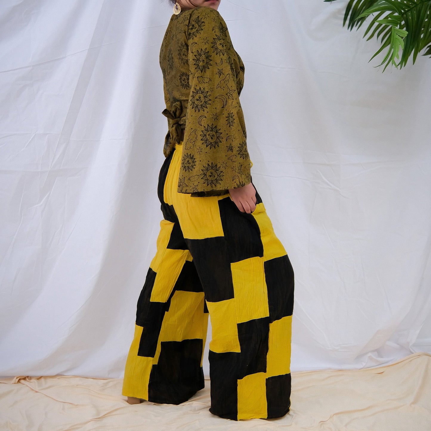 Earth tone Patchwork Checkered Wide Leg Pants