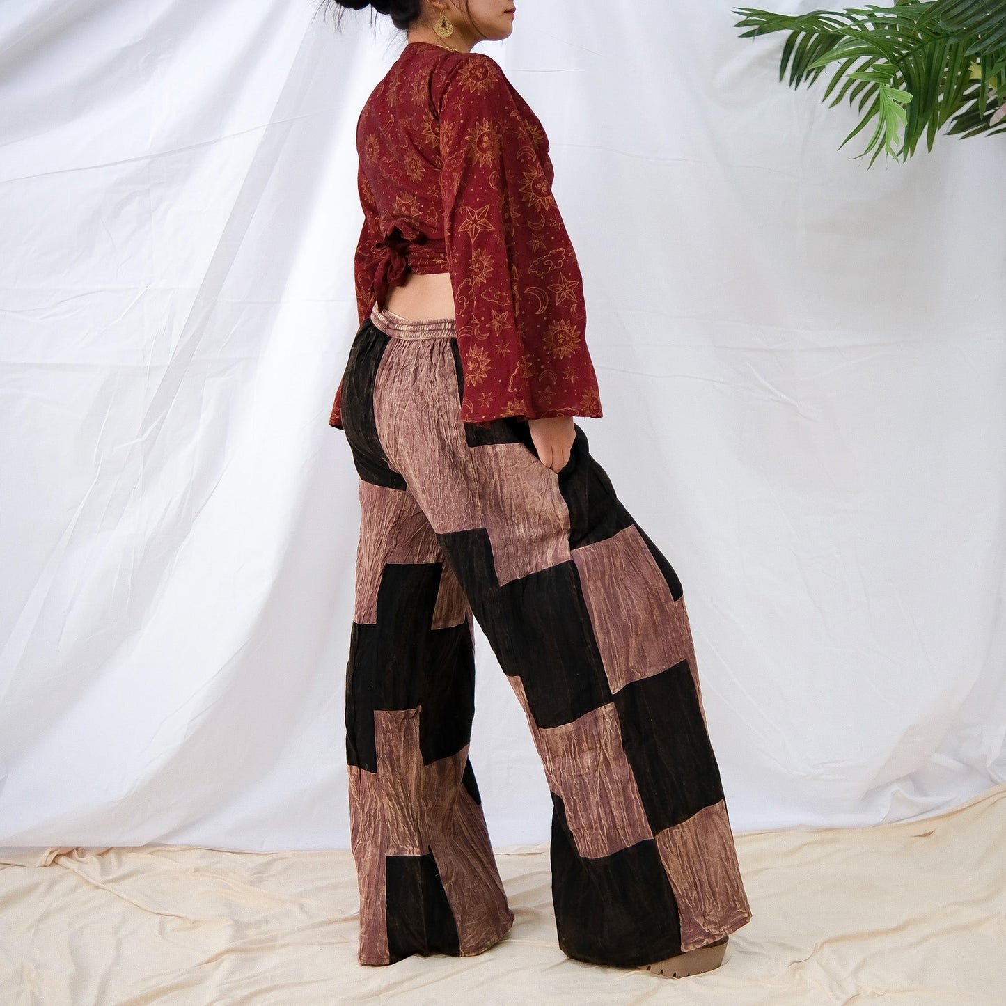 Earth tone Patchwork Checkered Wide Leg Pants