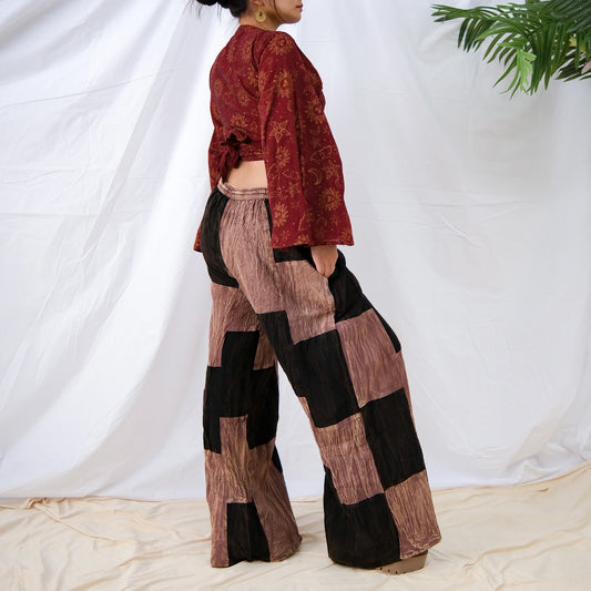 Earth tone Patchwork Checkered Wide Leg Pants