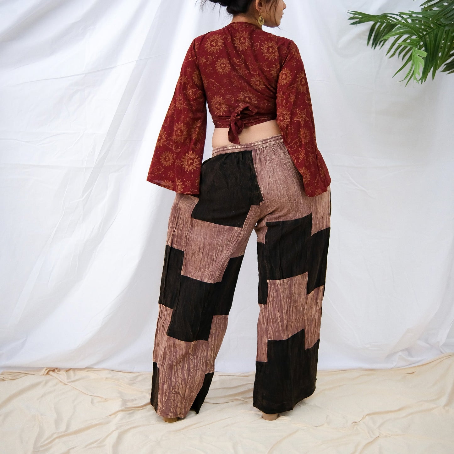 Earth tone Patchwork Checkered Wide Leg Pants