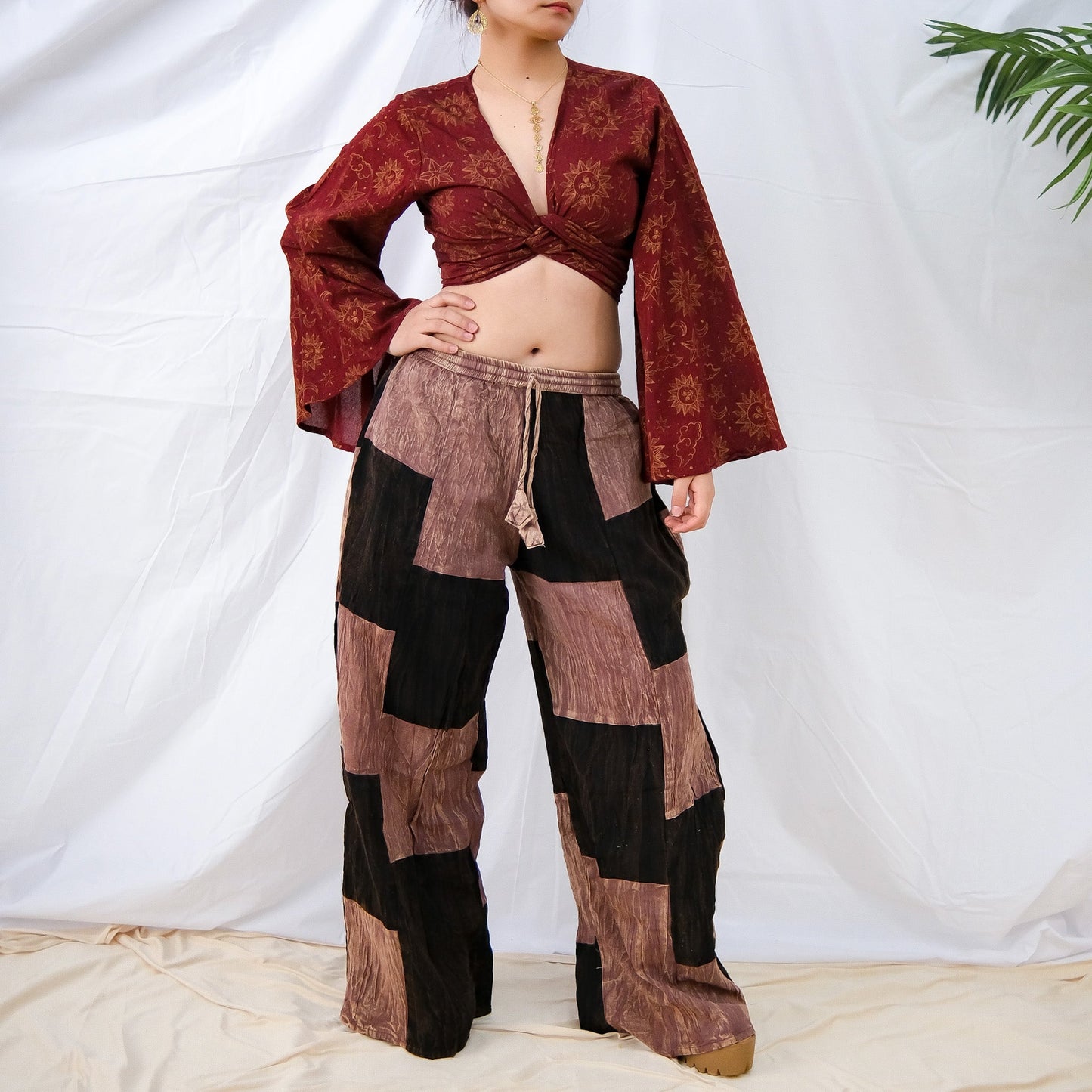 Earth tone Patchwork Checkered Wide Leg Pants