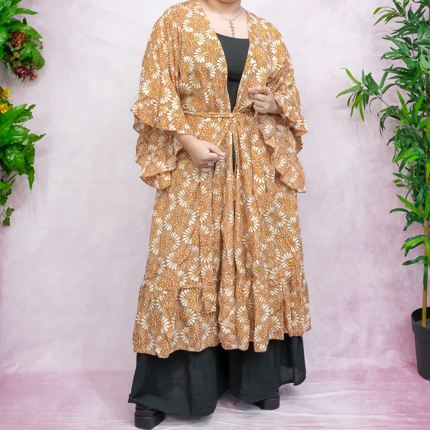 Flowy Ruffle Boho Long Kimono with Pockets