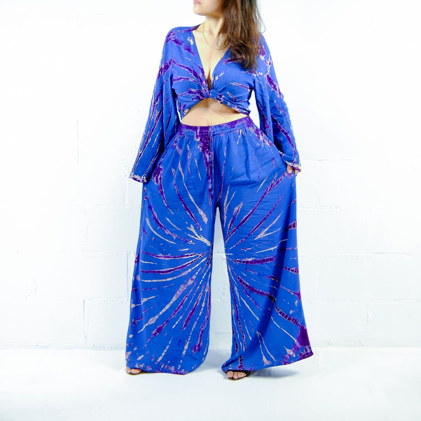 Tie Dye Palazzo Pant Set with Bell Sleeve Wrap Top