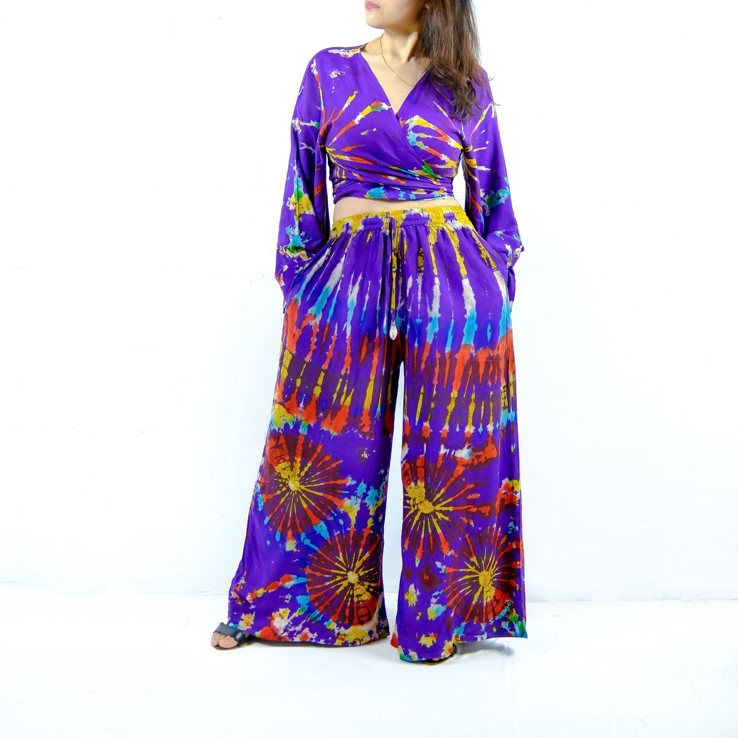 Tie Dye Palazzo Pant Set with Bell Sleeve Wrap Top