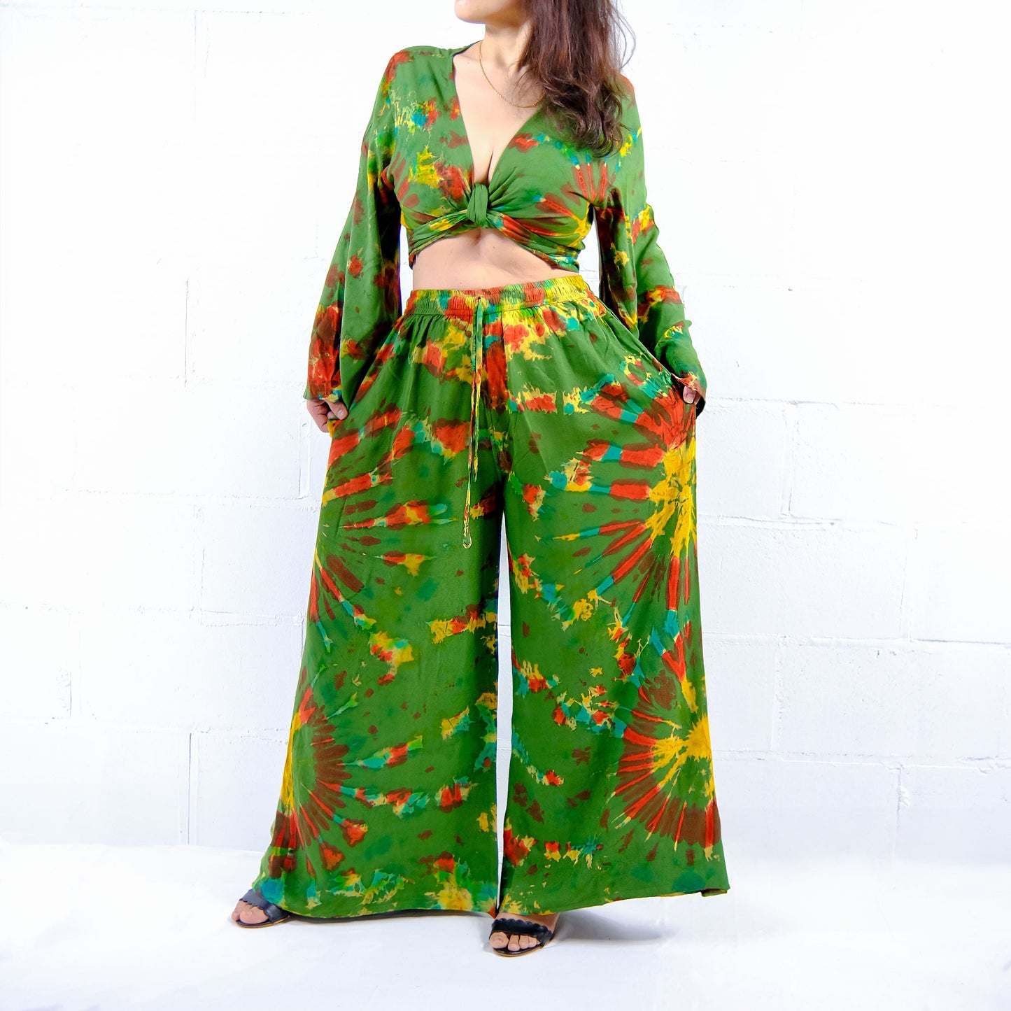 Tie Dye Palazzo Pant Set with Bell Sleeve Wrap Top