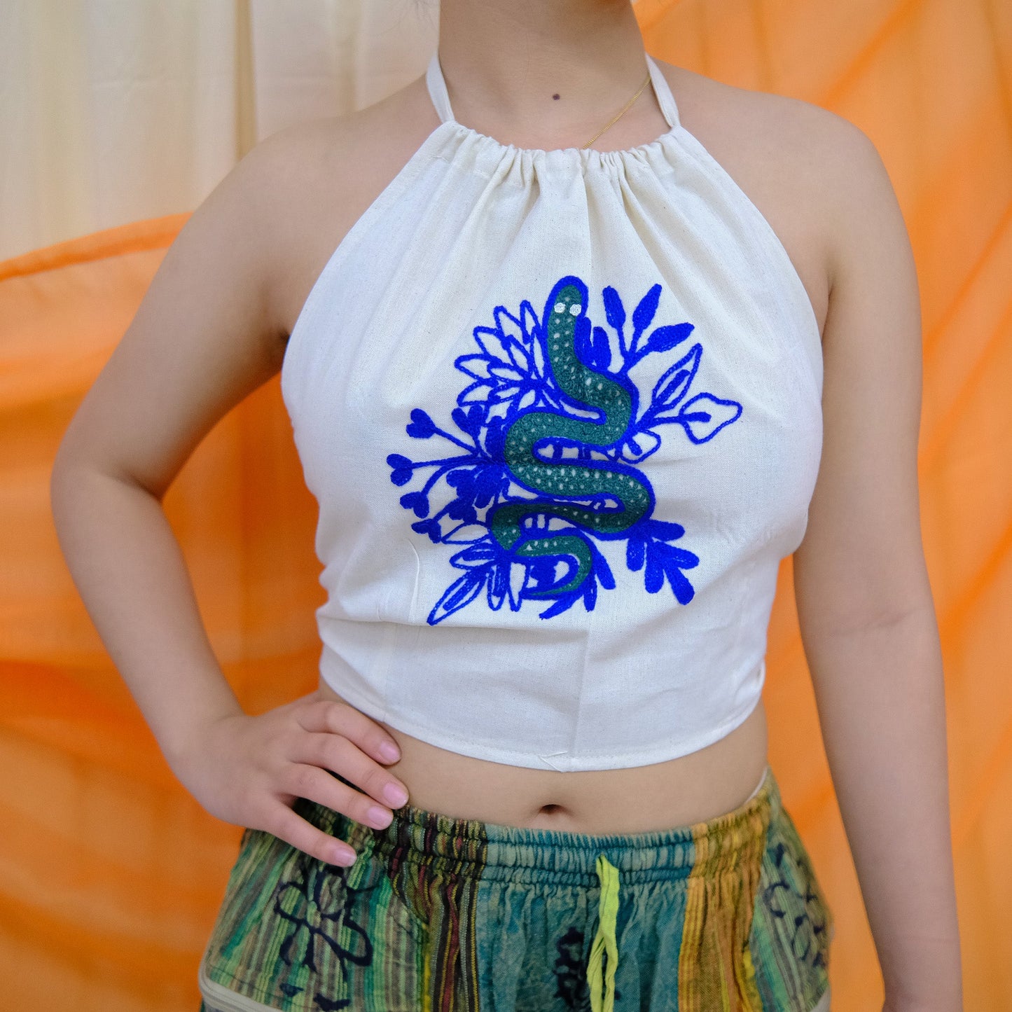 Hand Embroidered Snake Halter Top