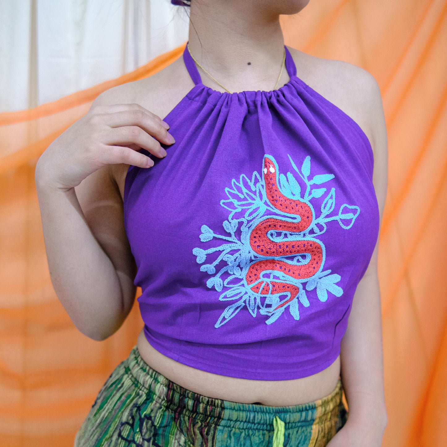 Hand Embroidered Snake Halter Top