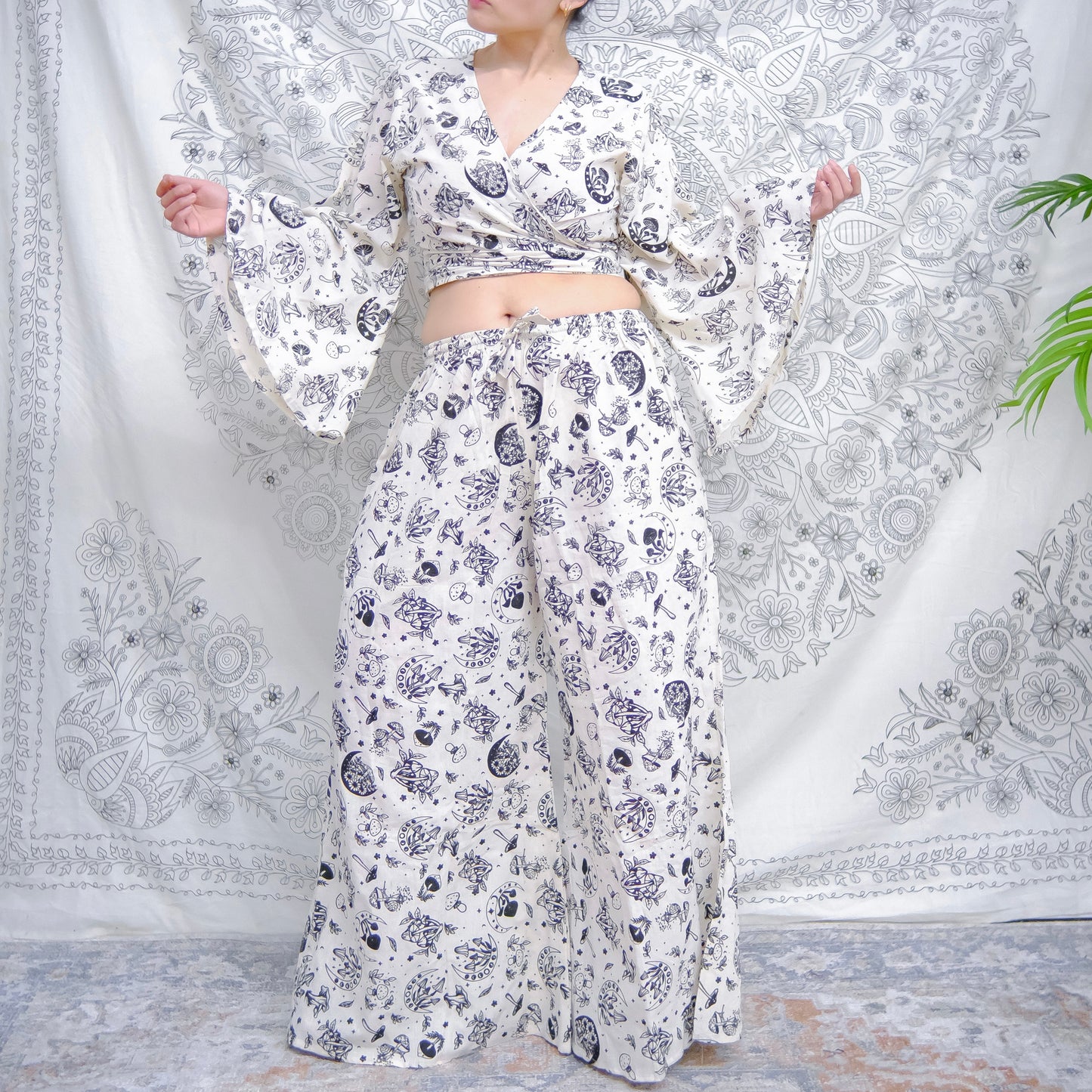 Mushroom Print Whimsy Boho Hippie Two Piece Pant + Tie Top Set