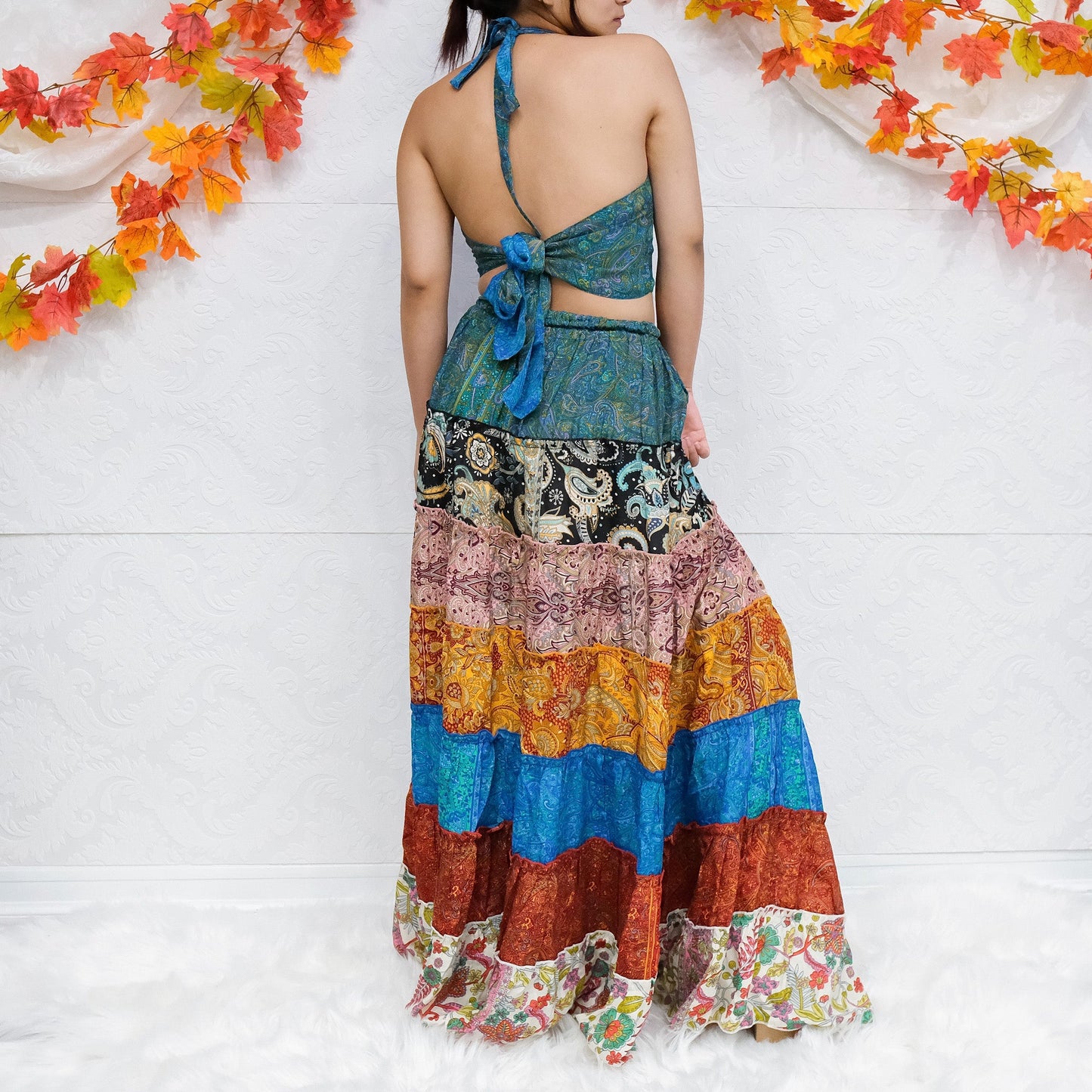 Patchwork Tiered Flowy Skirt with Reversible Halter Top