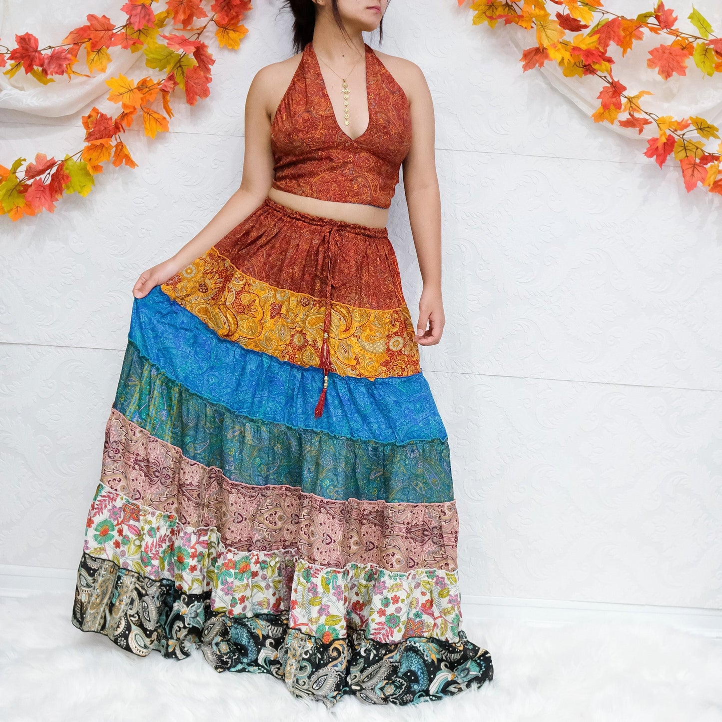 Patchwork Tiered Flowy Skirt with Reversible Halter Top